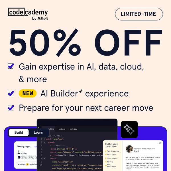 This ad promotes Codecademy by Skillsoft. It announces a limited-time 50% discount and highlights the chance to gain exp
