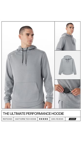 This ad showcases the Hawthorne Tech Hoodie from Legends with a focus on the design and functionality. The clean layout,