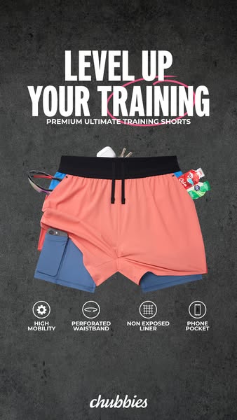 This ad promotes Chubbies training shorts for men. The image shows the shorts along with copy that says "Level Up Y
