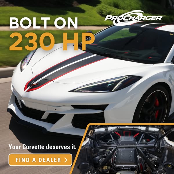 This image ad for ProCharger promotes the supercharger's ability to bolt on 230 horsepower to a Corvette, inviting v