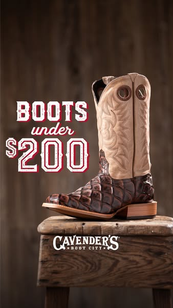 This image ad features a cowboy boot perched on a rustic stool, with bold text highlighting its affordability. The Caven