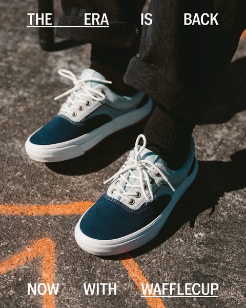 This image ad showcases the new Era Wafflecup shoe from Vans. It features a close-up shot of the shoes being worn on a c