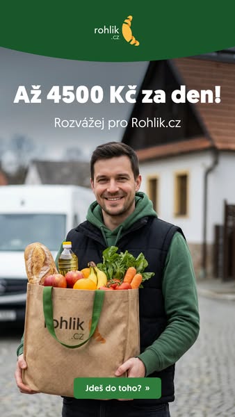 The ad features a smiling man holding a bag full of groceries to advertise the job position of delivery driver at Rohlik