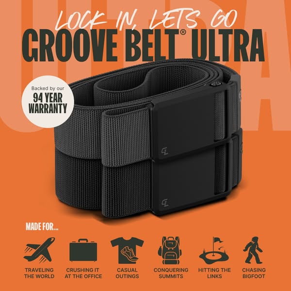Image ad showcasing the Groove Belt Ultra with a focus on its durability and versatility for various activities, backed 