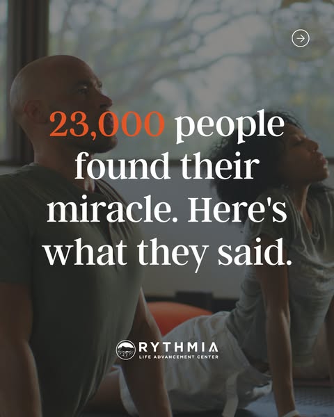 This ad shows two people in a yoga or stretching pose. The text promotes Rythmia Life Advancement Center, claiming that 