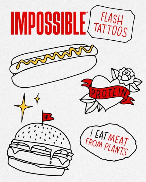 An illustration promoting Impossible brand meat alternatives, presented as flash tattoo art.