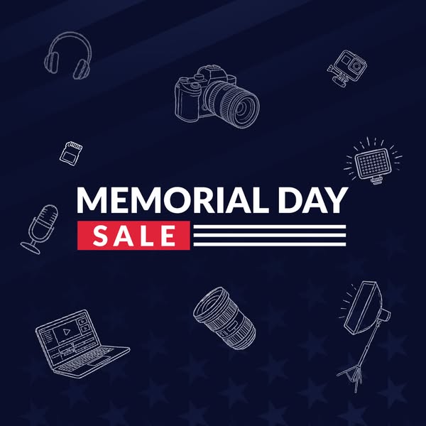 This is an image ad for a Memorial Day sale. The ad is advertising cameras, lenses, and other equipment.