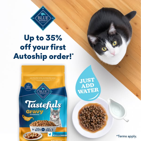 This image ad promotes Blue Buffalo Tastefuls Gravy cat food with a discount on the first autoship order.