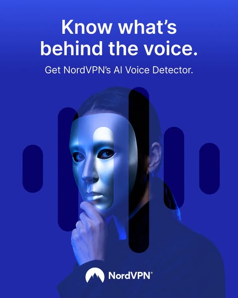 This ad is for NordVPN's AI Voice Detector. The ad asks the question, 'Know what's behind the voice?' to