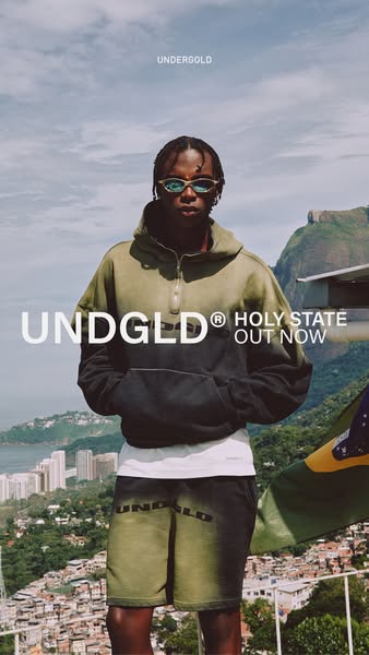 This ad showcases clothing from the brand UNDERGOLD, highlighting a hooded sweatshirt and shorts, from their new 'HO
