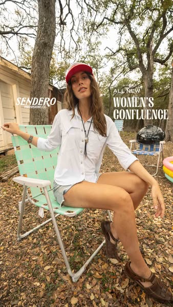 This ad showcases Sendero Provisions Co.'s new Women's Confluence shirt with a lifestyle image of a woman wearin