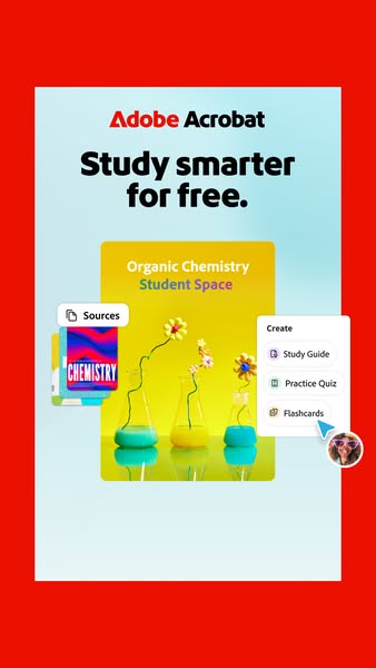 This ad promotes Adobe Acrobat as a tool for students. It highlights study organization, including study guides, practic