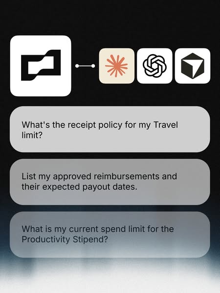 This ad shows a screen capture of what looks to be a mobile device displaying three example requests made within an AI-p