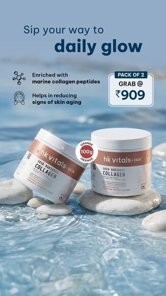 This image ad promotes HK Vitals Skin Radiance Collagen, emphasizing its benefits for achieving a daily glow and reducin