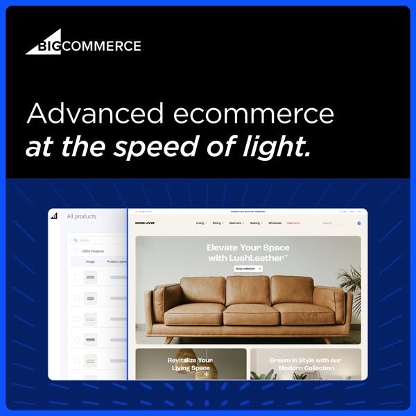 This ad promotes BigCommerce as an advanced e-commerce platform that operates at the speed of light. The ad features a w