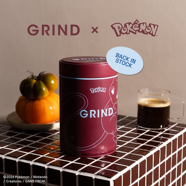 This ad promotes a special collaboration between Grind coffee and Pokémon, featuring a limited-edition coffee tin. The o