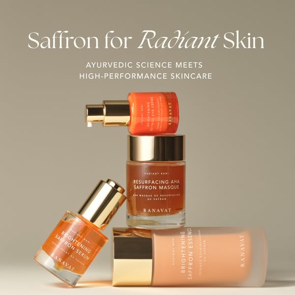 This ad showcases four Ranavat skincare products, emphasizing their basis in Ayurvedic science and their ability to prom