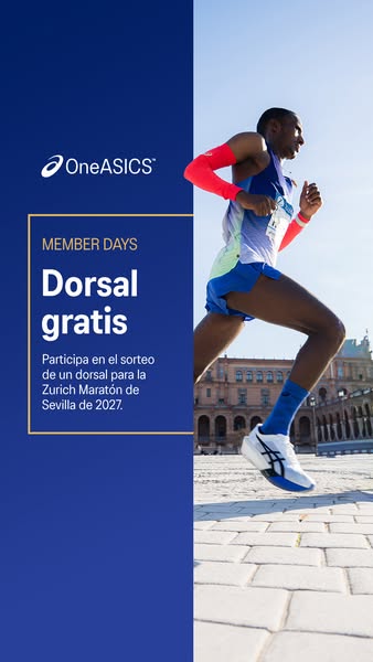 An ad for OneASICS membership days promoting a raffle for a free spot in the Zurich Maraton de Sevilla 2027. The image f