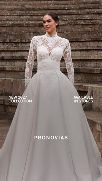 This image ad promotes the Pronovias 2027 collection, highlighting a long-sleeved lace wedding dress. The ad aims to dri