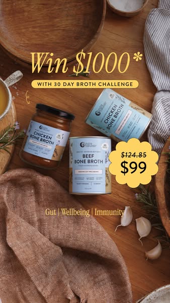 Image ad featuring three bone broth products and an opportunity to win $1000. The image is styled as a flat lay, showing
