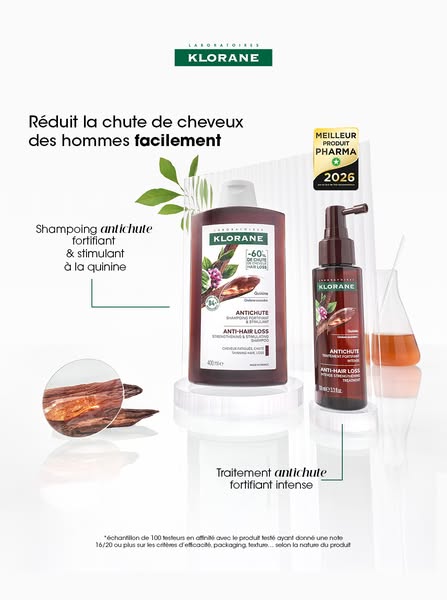 This image ad for Klorane anti-hair loss shampoo and intense strengthening treatment promotes the products' ability 
