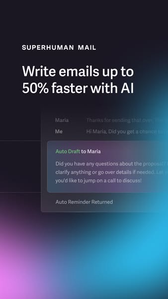 This ad shows a glimpse of the Superhuman Mail interface. The email software utilizes AI to help users write emails fast