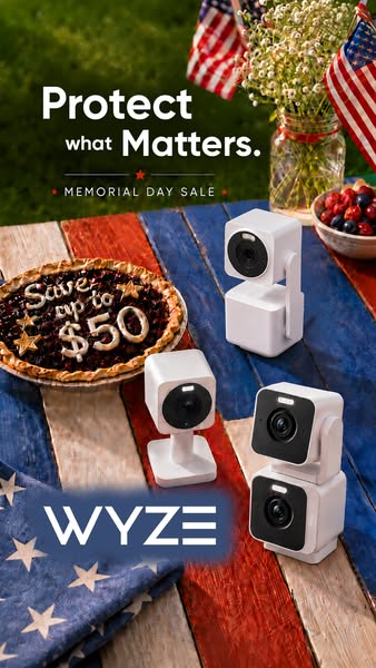 This image ad features the Wyze security camera brand during a Memorial Day sale. The scene is set on a red, white, and 