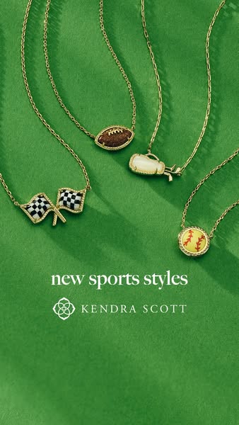 This is an image ad from Kendra Scott featuring a new line of sports-themed necklaces. The background is bright green, w