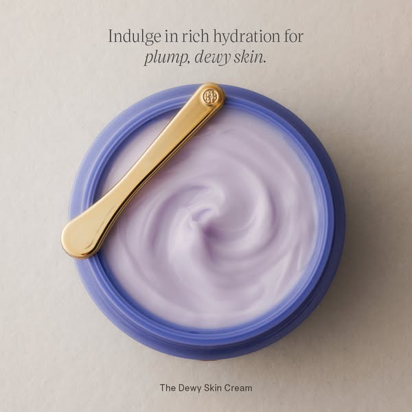 This ad showcases a moisturizer from Tatcha, emphasizing its hydrating qualities and the resulting plump, dewy skin.