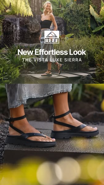 An ad for Reef sandals showcasing the product in a natural outdoor environment, paired with the tagline "New Effort