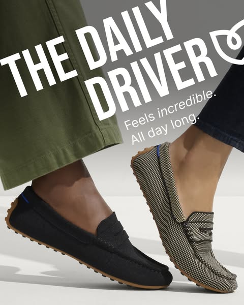 This image ad highlights a black and patterned loafer, emphasizing comfort. It features two models wearing different col