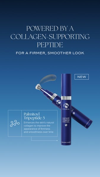 This ad for iS Clinical's Geneic Firming Eye Gel emphasizes its collagen-supporting peptide that enhances skin's