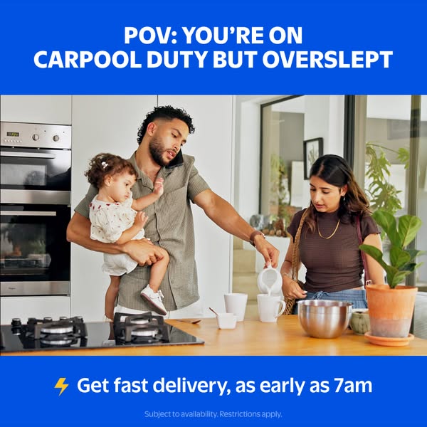 The ad highlights the convenience of using a delivery service, focusing on the quick deliveries that can be scheduled as