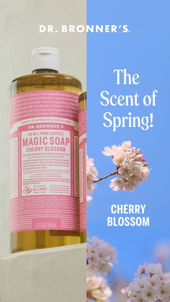 This split-screen ad promotes Dr. Bronner's Cherry Blossom scented soap. On the left is a bottle of Dr. Bronner'