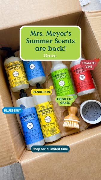 This ad showcases Mrs. Meyer's Clean Day summer scents available for a limited time at Grove. The ad presents the va