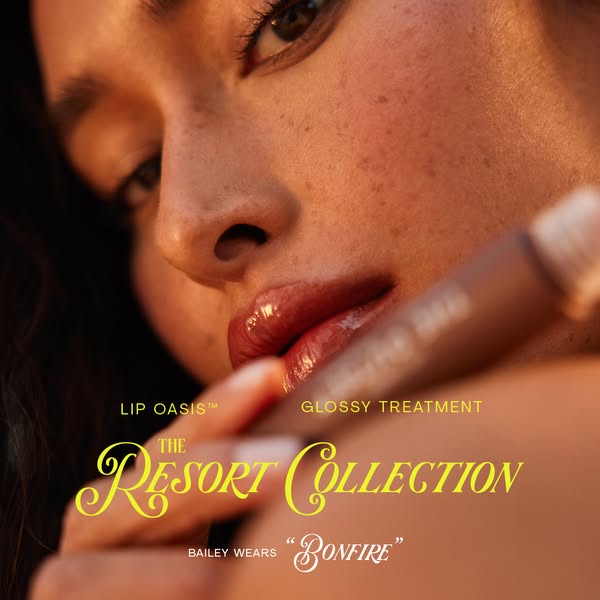 This ad features a close-up of a model applying a lip gloss from the Resort Collection and includes the name of the shad