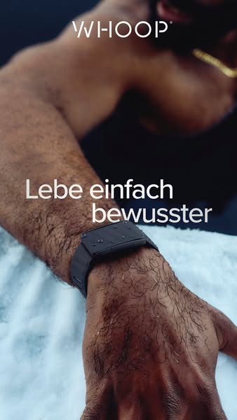 This ad features a close-up of a person's arm and wrist wearing a Whoop fitness tracker. The visual focuses on the p