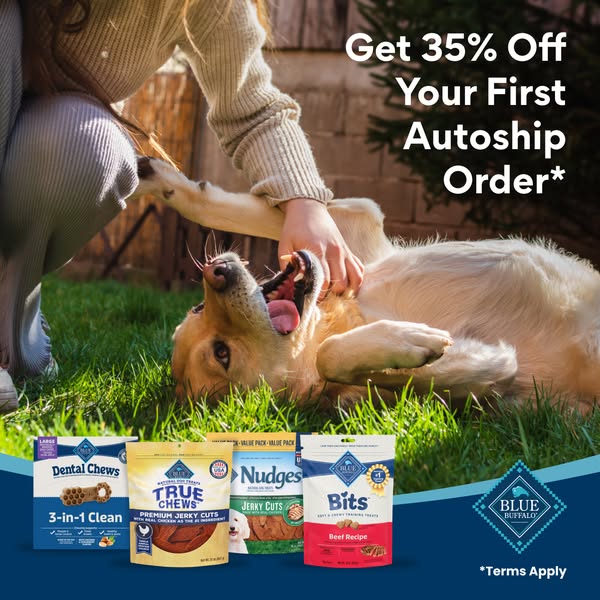 An ad for Blue Buffalo brand dog treats, offering 35% off the first autoship order, shows a happy dog on its back being 
