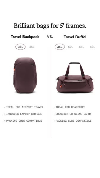 This is a comparison ad, contrasting the features of a travel backpack versus a travel duffel. It highlights features, s