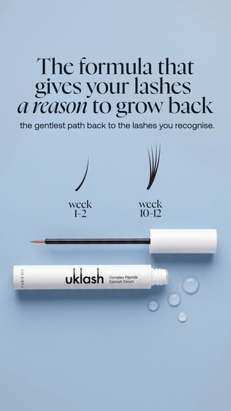 The ad promotes UKLash eyelash serum as a solution for growing back fuller lashes. It uses a before-and-after style comp