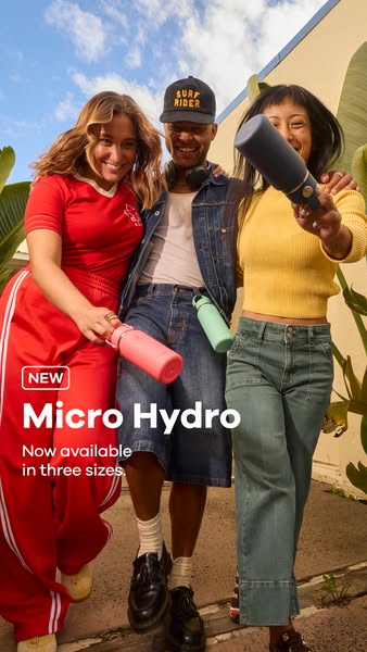 This ad showcases Hydro Flask's new Micro Hydro line through an image featuring three smiling young adults outdoors.