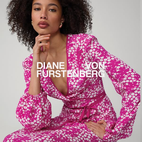 An ad featuring a woman wearing a pink and white floral dress. The focal point is on the dress and the brand, Diane Von 