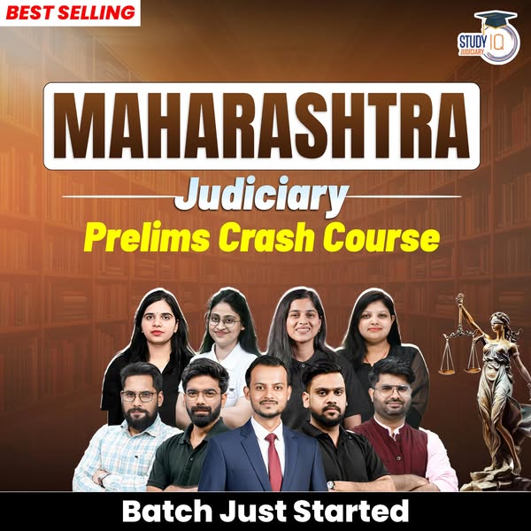 This ad promotes the Study IQ Judiciary Prelims Crash Course for Maharashtra. It features a collage of instructors and c
