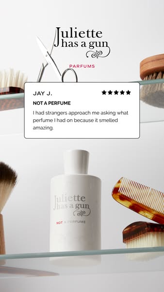 This ad features the Juliette has a gun "Not a perfume" product in a bathroom setting along with a customer te