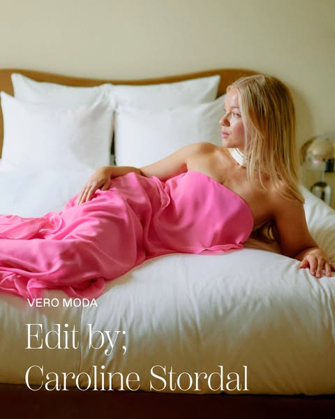 An ad promoting VERO MODA's latest edit, featuring Caroline Stordal. It shows Caroline in bed under a pink sheet.