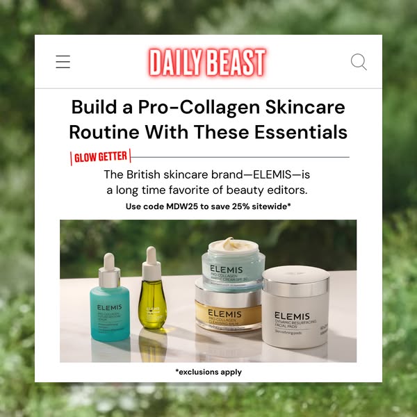 This ad promotes Elemis skincare products, focusing on their Pro-Collagen line, with a discount code.