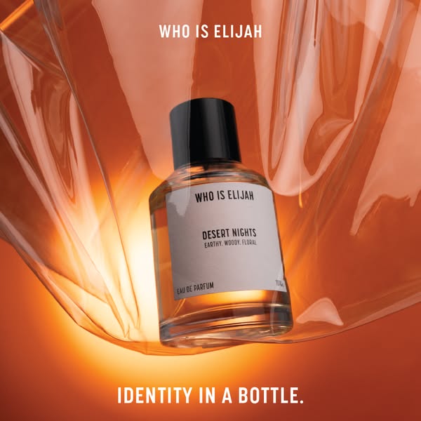 A product display ad for Who is Elijah's Desert Nights fragrance. The image features a bottle of the fragrance again