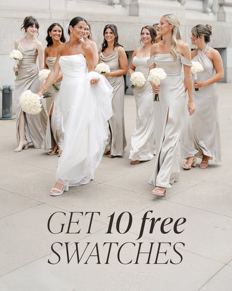 This image ad showcases a bridal party in neutral-toned gowns and encourages viewers to order 10 free swatches.