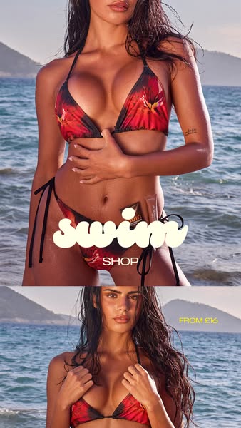 This ad features a collage of close-up images featuring a model wearing a bikini and body tanning products. The ad showc