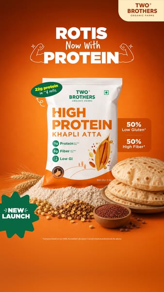 This image ad promotes Two Brothers Organic Farms' High Protein Khapli Atta. The ad emphasizes the atta's protei